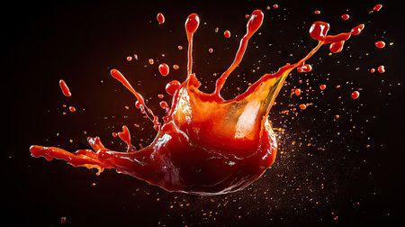 A mid-air explosion of tomato ketchup against a dark contrasting background for dramatic effect.の素材