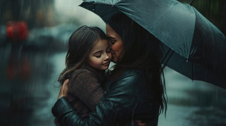 A mother and daughter share an emotional hug on a rainy day, with an umbrella nearby.の素材