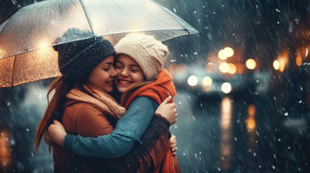 A mother and daughter share an emotional hug on a rainy day, with an umbrella nearby.の素材