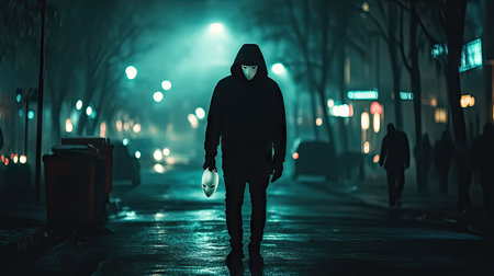 A hooded man standing in the middle of a foggy street at night, holding a white mask in one hand.の素材