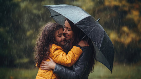A mother and daughter share an emotional hug on a rainy day, with an umbrella nearby.の素材