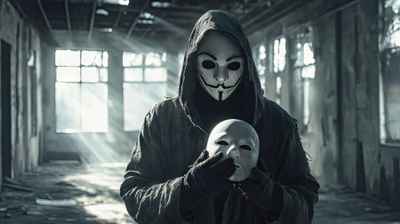 A hooded figure holding a white mask, with light streaming through broken windows of an old warehouse.の素材