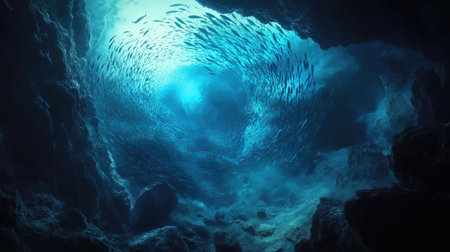 A mesmerizing view of a school of fish forming a vortex near an underwater rock formation.の素材