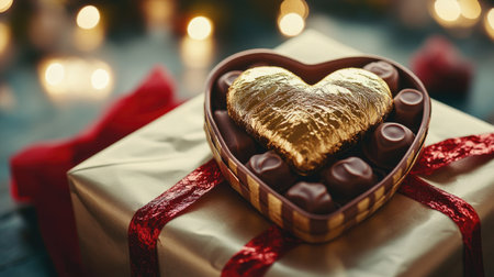 A luxurious heart-shaped box of chocolates with gold-foil wrapping, sitting on a gift-wrapped package.の素材