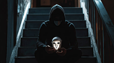 A man in a hoodie sitting on a staircase in a dark room, holding a white mask illuminated by a single light.の素材
