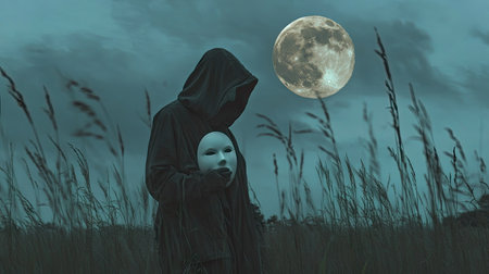 A mysterious hooded figure holding a white mask while walking through a field under a full moon.の素材