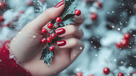 A woman's hand with festive nails, holding a sprig of holly with red berries, against a snowy, holiday-themed background.の素材