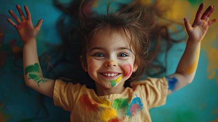 A child with messy hair and a rainbow of paint streaks on her arms, smiling mischievously.の素材