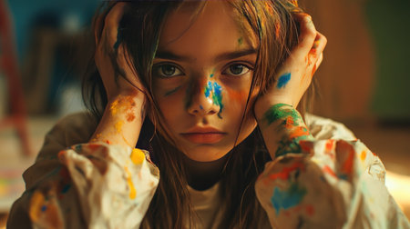 A child artist with colorful paint smudges all over her arms, concentrating on her art.の素材