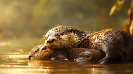 A mother otter gently grooming her pup while resting by a calm riverbed.の素材