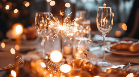 A festive dinner party scene with sparklers lighting up the table and joyful guests.の素材