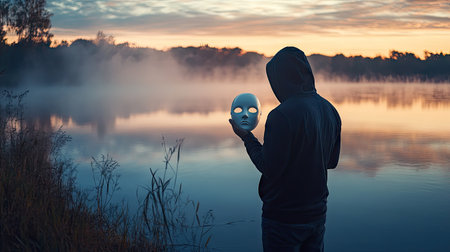 A man in a hoodie standing by a foggy lake at dawn, holding a white mask with a blank expression.の素材