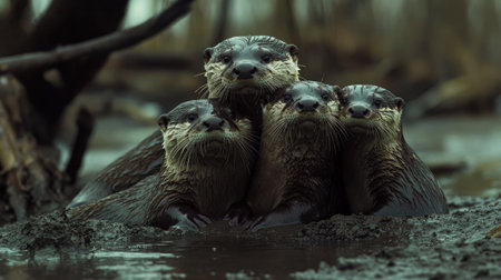 A family of river otters resting together on a muddy riverbank, looking at the camera.の素材