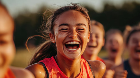 A girl with a sweaty face and a wide smile, celebrating with friends after a fun run.の素材
