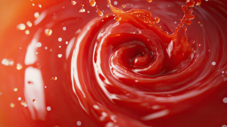 A playful ketchup splash creating a spiral pattern mid-air, captured in vivid detail.の素材