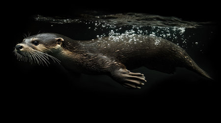A river otter swimming underwater, its body streamlined and bubbles trailing behind.の素材