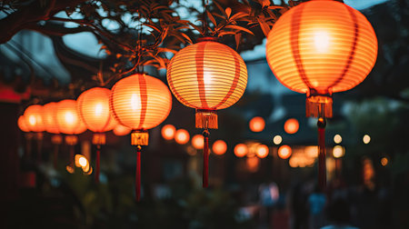 A row of glowing red Chinese lanterns hanging from a street, illuminating the night sky.の素材