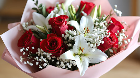 A romantic bouquet featuring red roses, white lilies, and baby's breath, wrapped in soft pink paper.の素材
