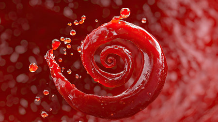 A playful ketchup splash creating a spiral pattern mid-air, captured in vivid detail.の素材
