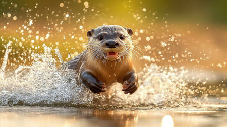 A river otter emerging from the water with a playful splash, droplets scattering in the sunlight.の素材