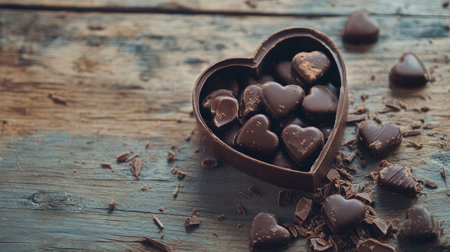 A playful display of a heart-shaped chocolate box spilling its contents onto a rustic wooden table.の素材