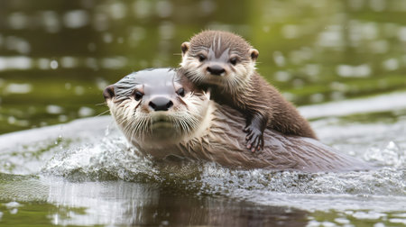 A river otter carrying its pup on its back while swimming across a tranquil river.の素材