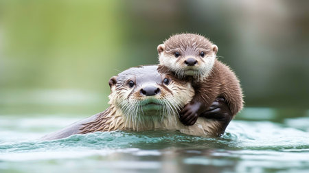 A river otter carrying its pup on its back while swimming across a tranquil river.の素材