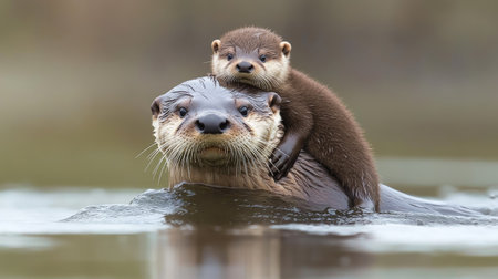 A river otter carrying its pup on its back while swimming across a tranquil river.の素材