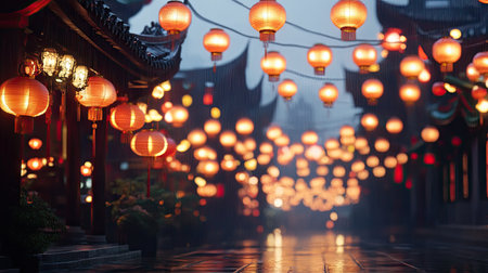 A traditional Chinese street adorned with strings of lit lanterns, creating a magical nighttime ambiance.の素材