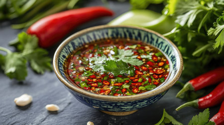A small bowl of fish sauce with bright red chili slices, framed by fresh vegetables and herbs.の素材