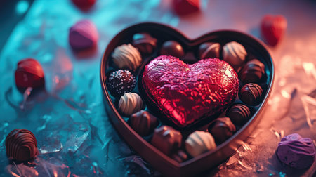 A vibrant photo of a heart-shaped box filled with gourmet chocolates, placed under soft, romantic lighting.の素材