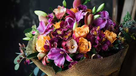 A vibrant bouquet of orchids, lilies, and roses, wrapped in a golden mesh and placed on a table.の素材