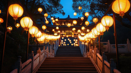 A temple staircase lined with glowing Chinese lanterns, leading up to a grand, lit-up entrance at night.の素材
