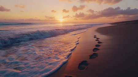 A trail of human footprints leading towards the ocean at sunrise, with waves gently lapping the shore.の素材