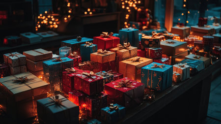 A table filled with New Year gift boxes of various sizes and colors, lit by warm fairy lights.の素材