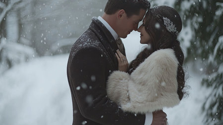 A tender embrace between a bride and groom on a snowy winter day, their attire contrasting with the white landscape.の素材