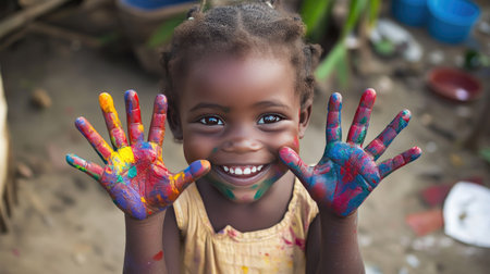 A smiling little girl with multicolored paint-stained hands, showing them proudly to the camera.の素材
