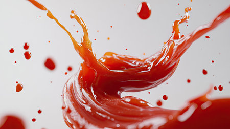 A swirl of ketchup splashing in the air, frozen in time, with a bright, clean backdrop.の素材