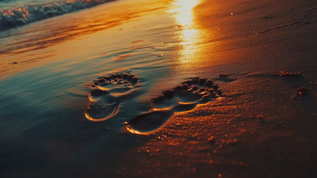 A romantic scene of two sets of footprints side by side on a sunset-lit beach.の素材