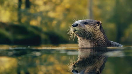 A river otter looking at its reflection in the water, with a tranquil forest backdrop.の素材