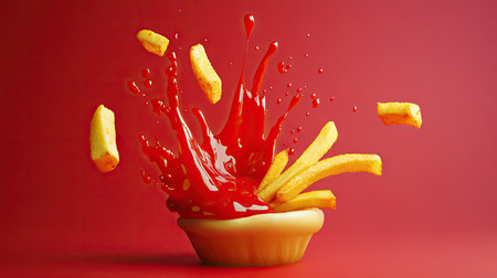A vibrant splash of ketchup in mid-air, paired with a falling french fry for a playful composition.の素材
