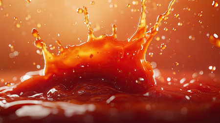Ketchup splashing chaotically in the air, with streaks and droplets spreading out dynamically.の素材
