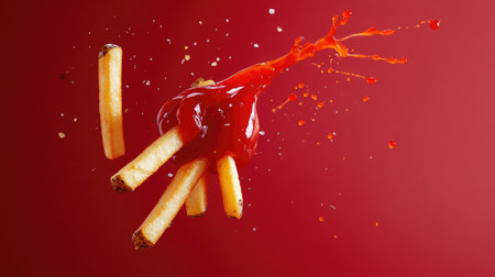 A vibrant splash of ketchup in mid-air, paired with a falling french fry for a playful composition.の素材