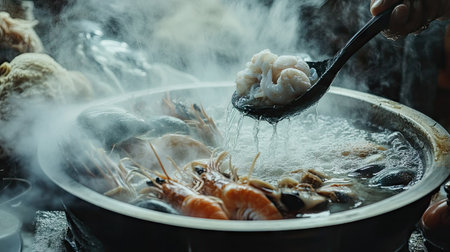 An action shot of a ladle scooping out broth and seafood from a hot pot, with steam rising in the frameの素材
