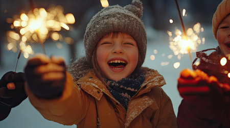 Children waving sparklers with excitement, their faces glowing from the light in a wintery outdoor setting.の素材