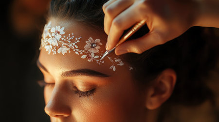 An artist creating a delicate floral crown design with paint across a woman's forehead.の素材