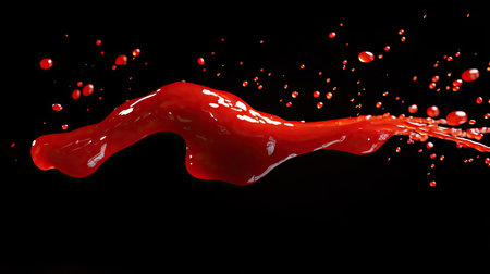 Tomato ketchup splashing upward in a wave-like motion, with red droplets spreading gracefully.の素材