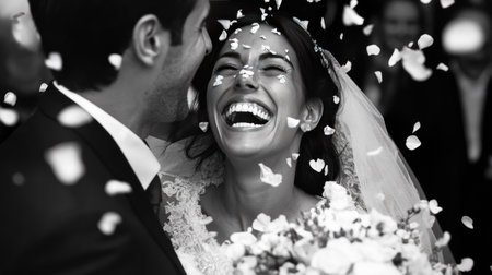 The bride laughs joyfully as the groom hugs her under a rain of flower petals.の素材