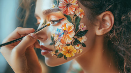 An artist delicately painting vibrant floral designs on a woman's face in a well-lit studio.の素材