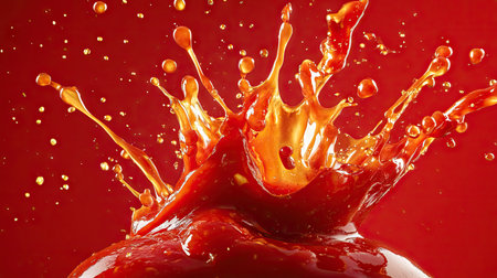 Tomato ketchup exploding upward in a dramatic splash, forming abstract shapes mid-air.の素材